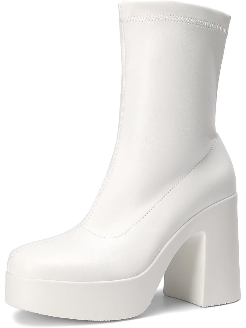 Women's White Square Toe High Chunky Block Heel Platform Casual Ankle Booties